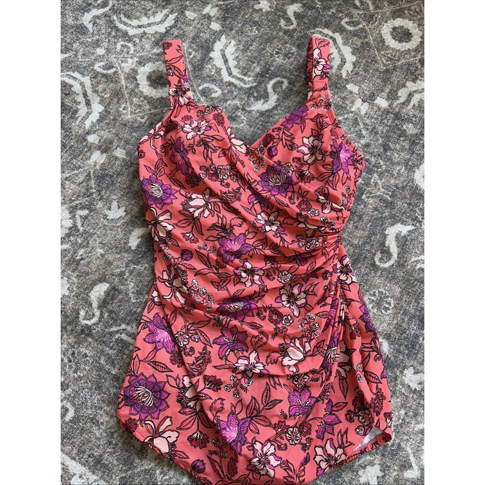 Lands End Women's Size 10 - One Swimsuit Wrap Ruched Dress Coral Floral